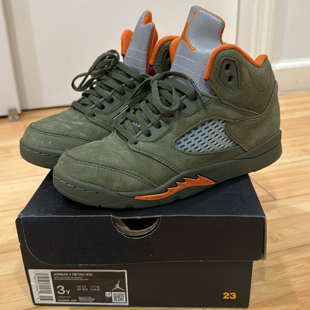 Olive and orange jordan 5 size 3y